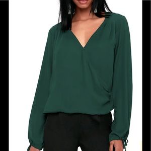 LULUS Forest Green Long Sleeve Surplice Top